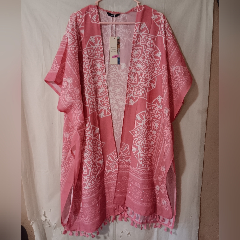 Pink and White Kimono with Tassels
